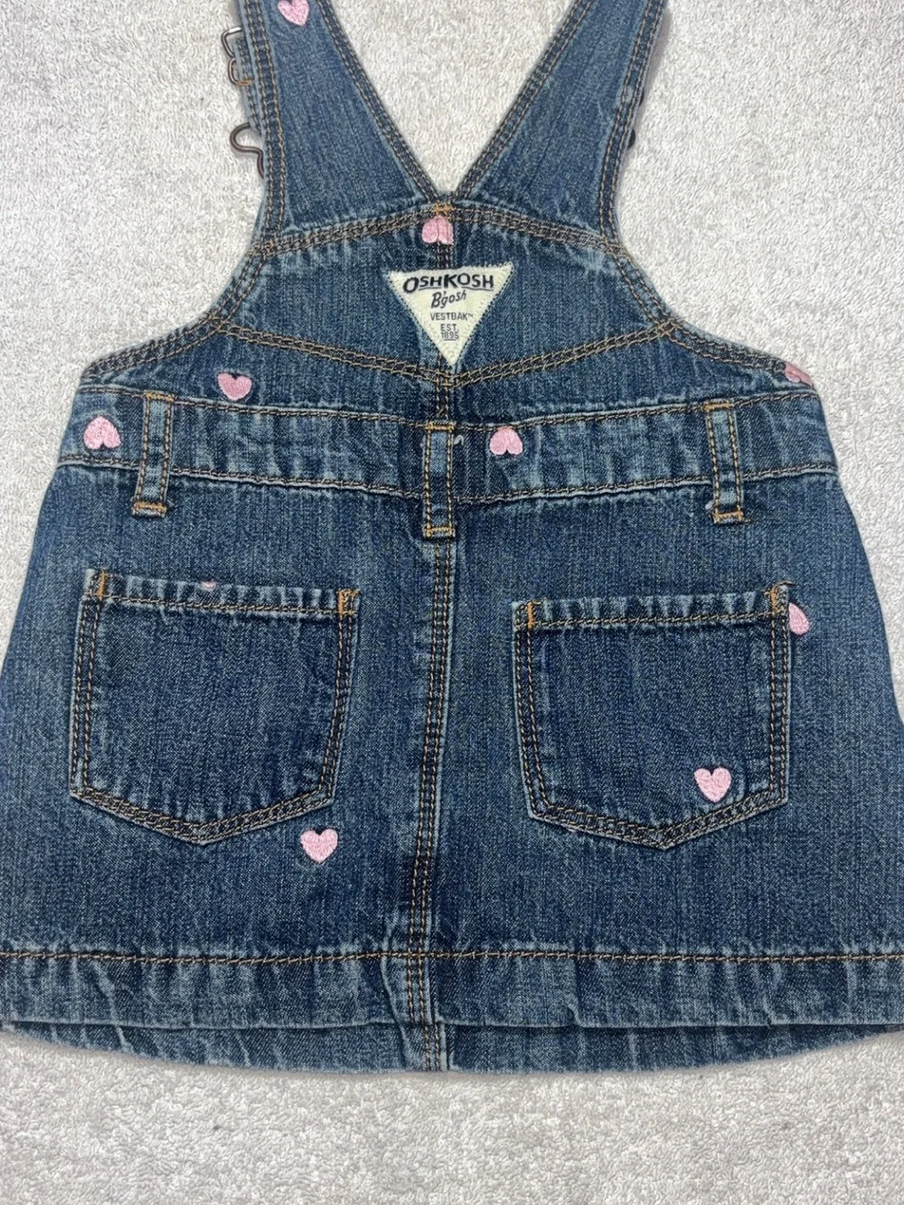OshKosh B'gosh Denim Overall Dress with Pink Heart Embroidery